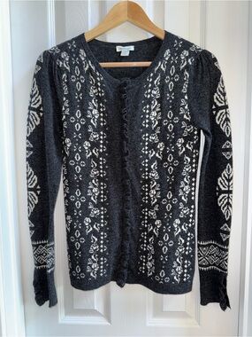 Sundance Anya Nordic Faire Isle Ruffle Wool Zip Cardigan XS Black White Euro